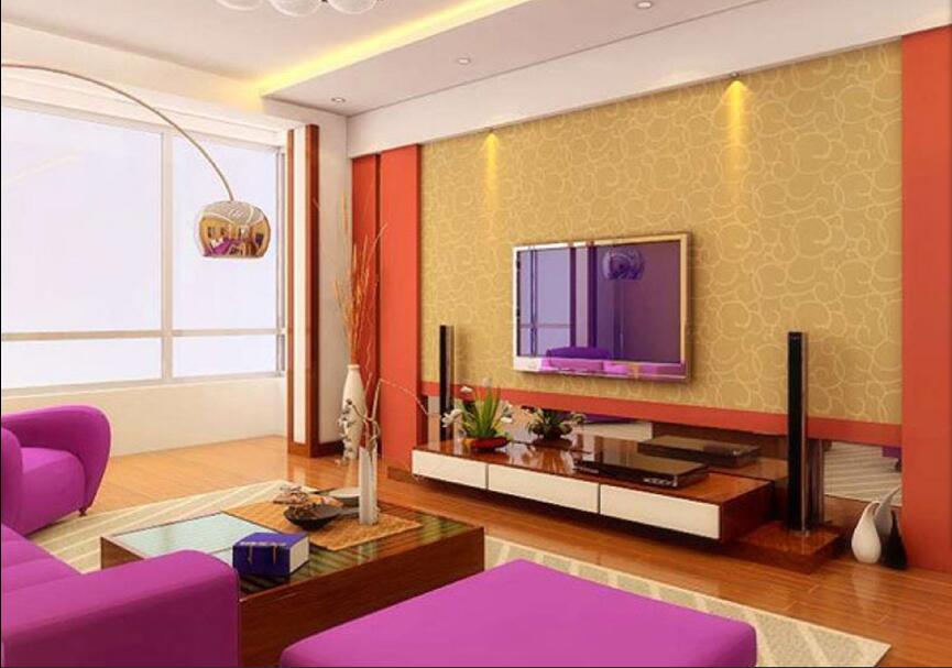 赤峰市医院小区橘红色电视墙玫红色沙发暖黄色灯带长杆落地灯效果图
